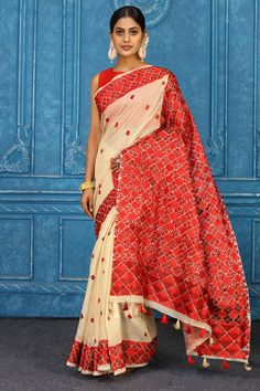 Shop cream red phulkari embroidery sari online in USA. Look your best on festive occasions in latest designer sarees, pure silk sarees, Kanchipuram sarees, handwoven sarees, tussar silk sarees, embroidered sarees from Pure Elegance Indian clothing store in USA.-full view Traditional Red Pre-draped Embroidered Saree, Traditional Red Embroidered Pre-draped Saree, Traditional Red Pre-draped Saree With Resham Embroidery, Festive Off White Saree With Resham Embroidery, Off White Resham Embroidery Saree For Festive Occasions, Traditional Off White Pre-draped Saree With Dupatta, Traditional Off-white Pre-draped Saree With Dupatta, Red Pre-draped Saree With Resham Embroidery For Puja, Red Embroidered Chanderi Pre-draped Saree