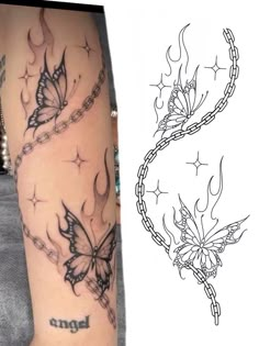 a woman's arm with butterfly tattoos on it and an image of a chain