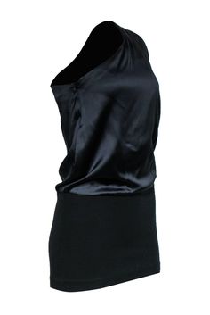 Go total modern and minimalist with this sleek and chic tunic from Theory! Made with a shiny satin on top and a stretchy knit on the bottom, pair this easy-to-wear statement piece with all your favorite leggings and skinny jeans! Size 4 100% Silk Satin top, stretchy knit bottom One shoulder silhouette Draped front Waist 30" Total length 32.5" Stretch Satin Tops For Date Night, Stretch Viscose Tops For Night Out, Silk One-shoulder Party Top, Black Stretch Satin Tops, Sleek Evening Tops, Silk Top With Asymmetrical Neckline For Party, Silk One-shoulder Top For Night Out, Sleek Satin Top For Evening, Sleek One-shoulder Evening Top