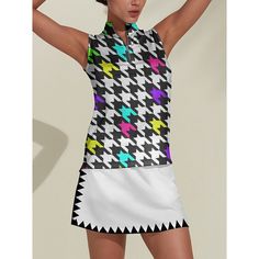 a woman is wearing a dress with multicolored squares on the front and sides