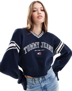 Jumpers & Cardigans by Tommy Jeans Knitwear until further notice Branded design V-neck Drop shoulders Relaxed fit V Neck Jumper, Formal Dress Shops, Wide Jeans, Jumpsuit Shorts Rompers, Navy Fashion, Satin Slip Dress, Maxi Dress Trend, Swimwear Sale, Hoodies For Sale