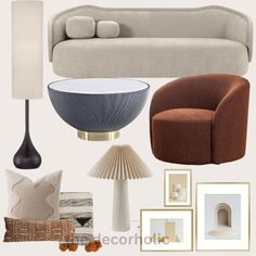 a living room filled with furniture and pictures on the wall, including a couch, chair, table, lamp, rug