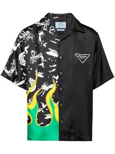 black/multicolour silk panelled design all-over graphic print logo print at the chest notched collar front button fastening short sleeves chest patch pocket straight hem Prada Top, Prada Fashion, Patches Shirt, Dope Outfits For Guys, Luxury Wear, Future Ideas, Twill Shirt, Fit Ideas, Silk Twill