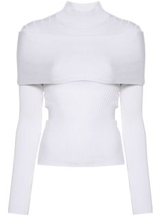 white stretch-design ribbed knit asymmetric design layered details high neck long sleeves ribbed hem unlined White Ribbed Turtleneck For Layering, White Ribbed Funnel Neck Top, White Ribbed Knit Turtleneck, White Fitted Sweater With Ribbed Neckline, Chic Ribbed Funnel Neck Top, White Funnel Neck Tops With Ribbed Cuffs, White High Neck Tops With Ribbed Cuffs, Elegant White Sweater With Ribbed Neckline, White Ribbed Fitted Turtleneck