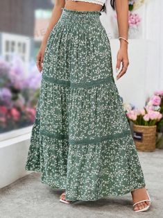 Women's & Men's Clothing, Shop Online Fashion | SHEIN Skirts Green, Cruise Outfits, Skirt Maxi, Boho Green, Long Skirts, Lace Hem, Women Maxi, Green Skirt