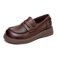 Women Retro Soft Solid Leather Flat Casual Loafers Brown Platform Loafers With Rubber Sole, Brown Flat Platform Loafers With Rubber Sole, Brown Platform Loafers With Round Toe, Brown Round Toe Platform Loafers For Spring, Brown Casual Closed Toe Platform Loafers, Casual Brown Platform Loafers With Flat Heel, Casual Brown Closed Toe Platform Loafers, Brown Platform Loafers With Leather Footbed, Brown Round Toe Loafers