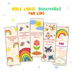 the bible verse bookmarks for kids are lined up against a white background with rainbows and clouds