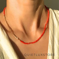 This minimalist necklace is made with neon orange glass beads and 18K gold plated beads to create a delicate dainty necklace that can be worn with any outfit. It features 3 mm bright orange beads, perfect for summer stacking. Enhanced by  gleaming gold vermeil nugget beads, it offers versatility whether worn solo, paired with a pendant, or layered with other statement necklaces. This stackable necklace will make the perfect best friend gift, anniversary surprise or birthday present.  Treat yours Orange Necklace Outfit, Outfits With Beaded Necklace, Beaded Necklace Outfit, Stackable Necklaces, Anniversary Surprise, Red Beaded Necklaces, Orange Necklace, Necklace Colorful, Nugget Necklace