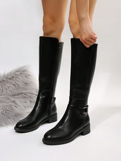 Women Buckle Decor Side Zip Riding Boots, Fashion Outdoor Fashion BootsI discovered amazing products on SHEIN.com, come check them out! Riding Boots Fashion, Rider Boots, Heel Stretch, Boots Chunky, Low Heel Boots, Black Riding Boots, Trendy Chic, Outdoor Fashion