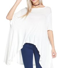 White High Low T-Shirt Tags: White Tee, White Blouse, White Comfy Tee, Cute White T-Shirt Trendy Batwing Sleeve T-shirt For Summer, Spring Day Out Batwing Sleeve Tops, Relaxed Fit Batwing Sleeve Tops For Day Out, Spring Batwing Sleeve Tops For Day Out, White Shirttail Hem Top For Day Out, Summer Tops With Shirttail Hem, Summer Batwing Sleeve Top For Layering, Oversized Cotton Short Sleeve Knit Top, White Relaxed Fit Tops With Shirttail Hem