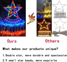 three different types of christmas lights are shown in this image and the words, ours what makes our products unique?