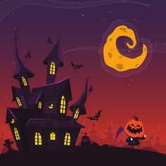 an animated halloween scene with a creepy house and bats flying in the sky at night