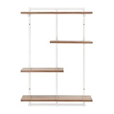 three wooden shelves with white metal brackets and wood shelves on each side, one is empty