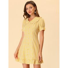 Look as cute as you do cool and collected in this Peter Pan collar dress. This fanciful Peter Pan collar mini dress is designed with a sweet collar and ruffled skirt. The beautiful gingham print dress has short puff sleeves and a mini-length skirt finished with a soft ruffle hem. Walk with a brisk in your step in the Gingham Print Wrap Mini Dress and be the center of everyone's attention. Collar Mini Dress, Pan Collar Dress, Maxi Bodycon Dress, Peter Pan Collar Dress, Ruffle Fabric, Wrap Mini Dress, Midi Shift Dress, Ballet Dress, Ruffled Skirt