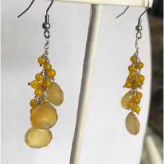 Faceted Yellow Chalcedony Briolettes Gemstones In Sterling Silver Earrings Yellow Chandelier Earrings, Yellow Jewelry With Ear Wire For Party, Party Jewelry With Yellow Ear Wire, Yellow Beaded Drop Earrings, Yellow Dangle Earrings With Ear Wire, Yellow Dangle Jewelry With Matching Earrings, Yellow Dangle Chandelier Earrings For Party, Elegant Handmade Yellow Chandelier Earrings, Teardrop Citrine Yellow Jewelry