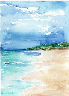 a watercolor painting of the ocean and beach