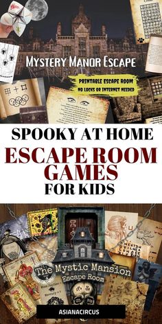 an advertisement for the mystery manor escape game, which is being played by children and adults