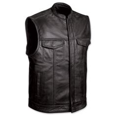 PRICES MAY VARY. MATERIAL: Leather, COLOR: Black, SIZE: XL POCKET AND CLOSURE: 4 Hidden Snaps, 2 Front Pockets and 2 Slash Side Pockets With Zipper Closure. COMFORTABLE FIT: It can be wear over jacket and hoodies for more comfortable fit. QUALITY MATERIAL: Made from top grade heavy duty soft genuine leather. Vest is lined heavy-duty hardware. Traditional biker jacket is made of cowhide. Cowhide leather provides an attractive finished product at a lower cost than the top or grain layer of the hid Sons Of Anarchy Vest, Summer Motorcycle, Black Leather Vest, Biker Clubs, Motorcycle Vest, Biker Vest, Riders Jacket, Rugged Style, Motorcycle Leather