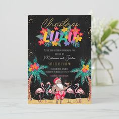 a christmas party with flamingos and santa clause on it's head, in front of a black background