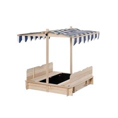 a wooden stand with an umbrella over it