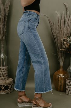 Lean and modern in our famous stretchhhhhhy but holds-you-in denim, these vintage-looking jeans kick out into a cropped mini-flare that works with flats and heels alike. Frayed hem, medium wash. HIGH RISE ANKLE WIDE LEG JEANS - Fabric 71.9% Cotton 26.9 % Polyester 1.2% Spandex Rise 11" | Inseam 25.5" in size 3/26 Fall Cropped Leg Flare Jeans In Denim Blue, Flare Cropped Jeans In Medium Wash For Fall, Fall Straight Leg Cropped Jeans With Frayed Hem, Denim Flare Jeans With Frayed Hem For Fall, Fall Cropped Straight Leg Jeans With Frayed Hem, Straight Leg Cropped Jeans With Frayed Hem For Fall, Spring Dark Wash Cropped Flare Jeans, Dark Wash Cropped Flare Jeans With Five Pockets, Chic Cropped Jeans With Frayed Hem In Dark Wash