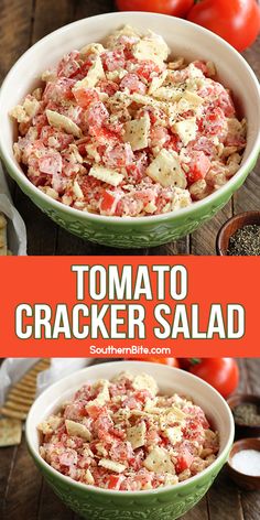 tomato cracker salad in a green bowl on top of a wooden table with tomatoes