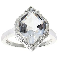 Herkimer Mines "Diamond" Quartz and Gem Hexagon Halo Ring Elegantly angular and easy to style, this charming ring's "diamond" quartz dons a twinkling halo of pavé topazes. Make it the heavenly finishing touch to just about any outfit.       Approx. 11/16"L x 1/2"W x 1/4"H; shank 1/16"W     Stamped .925 sterling silver; polished finish    Stone Information       All sizes and weights approximate     Herkimer "Diamond" Quartz: Hexagonal, 0.99ctw     Herkimer "Diamond" Quartz: Freeform (3-4mm); N/A Modern Crystal Ring With Diamond Accents For Formal Occasions, Modern Crystal Ring With Diamond Accents For Formal Events, Modern Octagon Ring With Accent Stones, Modern Octagon Rings With Accent Stones, White Asscher Cut Rings With Accent Stones, Elegant Faceted Crystal Ring, Elegant Octagon Topaz Promise Ring, Silver Octagon Topaz Ring For Wedding, Classic Faceted Octagon Ring