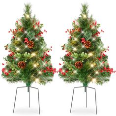 two christmas trees with lights and decorations on them, each decorated in red berries and pine cones