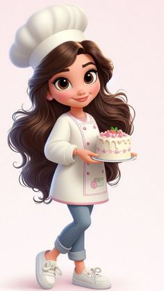 a cartoon girl holding a cake on top of a white plate and wearing a chef's hat