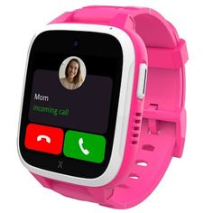 a child's smart watch with the call button displayed on its screen and an image of a woman