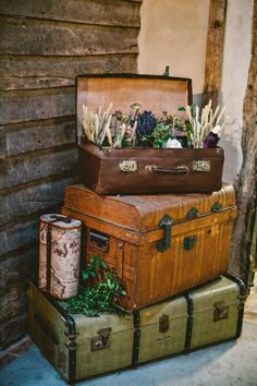 three suitcases stacked on top of each other with plants growing out of the lids