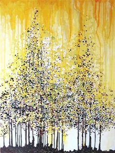 an abstract painting with yellow and black trees in the foreground, on a white background