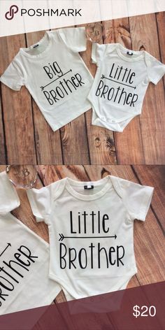 Boutique Baby Boy Little Brother Onesie Adorable baby boy white short sleeve cotton/polyester onesie with snap bottom. Front of Romper says Little Brother with arrow graphics. Super cute!! Shirts & Tops Tees - Short Sleeve Cute White Set With Letter Print, Cute White Sets With Letter Print, Cute White Letter Print Sets, Cute White Letter Print Set, White Family Matching Sets With Letter Print, Big Brother Tshirt, Cricket Ideas, Boutique Baby, Baby Brother