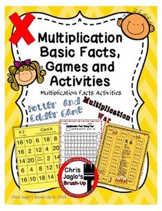 a yellow and white sign that says multiplication basics, games and activities