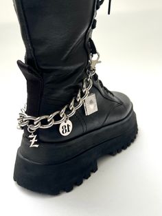 "Clip-on Shoe Chains with charms for boots Handmade Sold single or as a pair  Unisex Sizing: One Size Total length 11\" Materials: 100% Stainless Steel Chains and Charms Good quality, heavy and sturdy  Twisted Link Stainless Steel Chain Charm options: heart lock, R, Z, 18, book locket, screw head SELLING ONLY BOOT CHAINS NOT THE BOOT Can be worn with any boot or shoe with shoelaces Please allow 5-7 business days for me to make them Please message for more information or custom options"