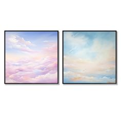 two paintings on the wall one is blue and the other is pink with white clouds