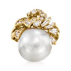 Ross-Simons - C. 1980 Vintage Cultured South Sea Pearl, 1.10ct t. w. Diamond Cocktail Ring Size 5.25. C. 1980. Presented by our Estate collection, this cocktail ring boasts a whole lot of luxe appeal! Features a sizable 13x13.5mm cultured South Sea pearl, whose luminous surface is ignited even further by a feathering cluster of 1.10 ct. t. w. baguette and round brilliant-cut diamonds gracing its upper edge. Crafted in 18kt yellow gold. Diamond and white pearl cocktail ring. Exclusive, one-of-a-k Pearl Cocktail Ring, Pearl Birthstone, Chanel Pearls, Diamond Cocktail Ring, Gold Cocktail Ring, Fine Jewelery, Diamond Cocktail Rings, Sea Pearl, South Seas