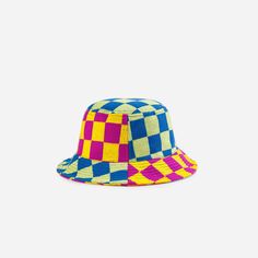 Mixed checkerboard jacquard knit bucket hat. Each hat is one of a kind – patchwork pattern placement may vary, but that's the fun of it. Details Body: 100% Acrylic Lining: 100% PolyesterMachine wash gentle, lay flat to reshape and dry8.5"w, 3.5"h, 2.25" brim Trendy Multicolor Bucket Hat With Curved Brim, Trendy Multicolor Bucket Hat With Short Brim, Trendy Multicolor Curved Brim Bucket Hat, Colorful Spring Bucket Hat, Retro Multicolor Bucket Hat For Summer, Multicolor Bucket Hat With Short Brim, Fun Multicolor Bucket Hat With Short Brim, Fun Multicolor Short Brim Bucket Hat, Multicolor Bucket Hat For The Beach