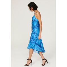 Blue printed satin (65% Viscose, 35% Silk). Slip. Sleeveless. V-neck. Side zipper closure. 53" from shoulder to hemline. Imported. Elegant Printed Midi Dress With Spaghetti Straps, Sleeveless Silk Printed Midi Dress, Sleeveless Printed Party Slip Dress, Sleeveless Silk Midi Dress With Print, Printed Sleeveless Party Slip Dress, Sleeveless Printed Slip Dress For Party, Party Sleeveless Printed Slip Dress, Printed Sleeveless Slip Dress For Party, Satin V-neck Midi Dress With Floral Print