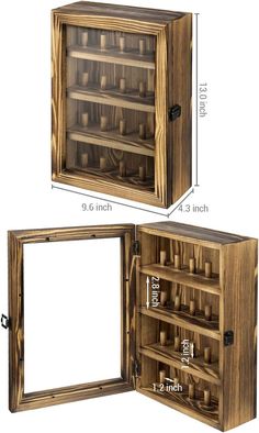 an open wooden cabinet with drawers and measurements