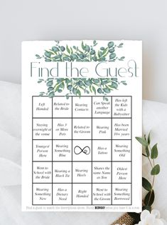 a printable wedding game with greenery on it and the words find the guest