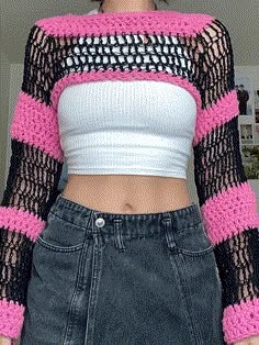 Hollow Out Striped Long Sleeve Bolero Knit Top - AnotherChill Crochet Kuromi, Preppy Aesthetic Outfits, Crochet Tee, Crochet Sleeves, Sleeve Bolero, Bolero Top, Street Y2k, Crochet T Shirts, Y2k Punk