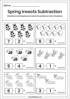 spring insects subtraction worksheet