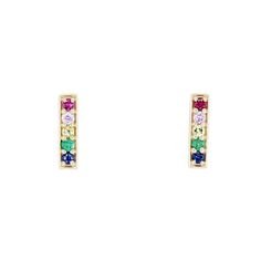 A perfect way to add a delicate amount of color, these bar studs feature 0.16 carats of multi-colored sapphires. Diamonds Direct, Rainbow Sapphires, Floral Studs, Bar Stud Earrings, Bar Studs, Diamond Bar, Royal Jewelry, Halo Diamond, Free Shopping