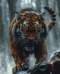 a tiger is walking through the snow in front of some rocks and trees with red eyes