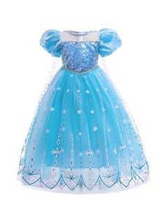 Young Girl Glitter Snowflake Mesh Cape Princess Dress, Perfect For Parties, Banquets And Birthdays, Stage Performance, For Christmas Blue Party  Short Sleeve Fabric Colorblock,Geometric,All Over Print Fit and Flare Non-Stretch All Young Girls Clothing, size features are:Bust: ,Length: ,Sleeve Length: Blue Princess Dress For Party Season, Light Blue Princess Style Fancy Dress, Blue Sequin Dress For Dress-up, Blue Sequined Princess Dress For Dress-up, Blue Princess Dress For Christmas Party, Blue Princess Dress For Holiday Party, Blue Sequined Dress For Dress-up Occasions, Blue Sequin Dress For Fancy Dress, Blue Sequin Dress For Fancy Occasions