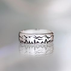 Width 6 mm. Can be made in gold Packed in a wooden box - perfect for a gift🕊 Mountain Ring Women, Nature-inspired Etched Rings Ideal For Gifts, Nature-inspired Engraved Ring As A Gift, Nature-inspired Engraved Round Ring For Gift, Nature-inspired Engraved Ring For Gifts, Unique Carved Engraved Ring For Promise, Unique Carved Engraved Promise Ring, Artistic Engraved Rings As A Gift, Artistic Engraved Rings For Gift