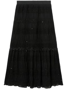 jet black ruffled detailing tiered skirt elasticated waistband high-waisted ruffle hem mid-length Elegant Tiered Bottoms With Elastic Waistband, Elegant Tiered Maxi Skirt With Elastic Waistband, Elegant Tiered Maxi Skirt With Ruffles, Elegant Tiered Maxi Skirt, Summer Tiered Ruffled Pleated Skirt, Elegant Tiered Gathered Skirt, Chic Pleated Ruffled Flowy Skirt, Spring Pleated Tiered Skirt With Ruffles, Elegant Flared Maxi Skirt With Ruffle Hem