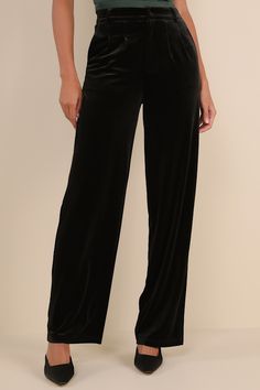 Introduce the Lulus Posh Idea Black Velvet High-Rise Straight Leg Trouser Pants to your wardrobe this season to create a whole new range of ensembles! Plush velvet shapes these trend-setting pants that have a high-rise, banded waist, belt loops, and hidden clasp closure above a zipper fly. The straight, ankle-length pant legs boast tailored pleated detailing, diagonal front pockets, and decorative welt pockets at the back. Style with some strappy heels for a fun and sleek going out 'fit! Fit: This garment fits true to size. Length: Floor length. Size medium Inseam: 32.25 Front Rise: 12.50 Waist: Fitted - very fitted at natural waist. Hip: Loosely Fitted. Fabric: Fabric is very stretchy. Unlined. 95% Polyester, 5% Spandex. Hand Wash Cold. Do Not Bleach. Line Dry. Iron Low Heat. Imported. Lu Velvet Trousers, Ankle Length Pants, Straight Leg Trousers, Trouser Pants, Strappy Heels, Waist Belt, Welt Pockets, Black Velvet, Ankle Length