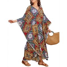 Polyester + Rayon Loose Cover Up Dress Fits Us Size S M L,Xl,Xxl,3xl Bust:63.77" Shoulder:35.43" Length:54.72" Exquisite And Vivid Pattern, Breezy Easily And Flows Beautifully. Does Not Stick To Your Swim Suit Versatile Design; Beautiful Beachwear Or Poolside Attire Makes You The Most Dazzling One In The Crowd Used As Cover Up Over Linen Pants And A Pretty Bra/Tank,Swimming Suit/Bikini And Sandals For Beach/Pool/Resort/Cruise You Can Also Add A Belt Or Sash.It Makes A Nice Pretty Summer Dress Fo Casual Brown Beach Cover-up, Casual Brown Swimwear For Vacation, Brown V-neck Swimwear For The Beach, Brown Beach Cover-up For Beach Season, Casual Brown Cover-up For Beach, Bohemian Patterned Swimwear For Vacation, Bohemian Brown Swimwear For The Beach, Patterned Beach Cover-up, Summer Printed Brown Kaftan